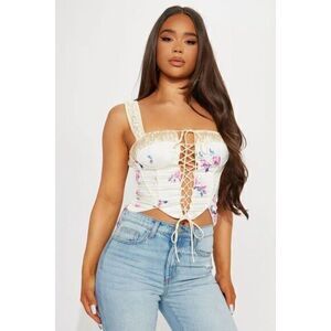 Ivory Floral Corset Style Lace Up Top‎ size Large RefM101